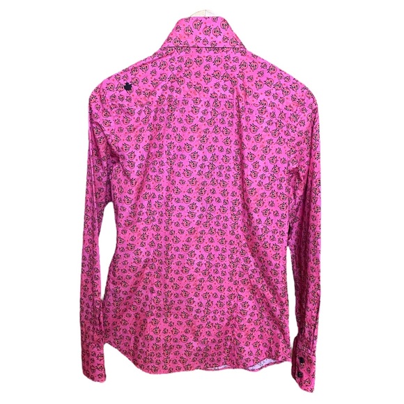 NWT Jared Lang Pink Devil Print Fitted Button Down Top Shirt S - Picture 5 of 10